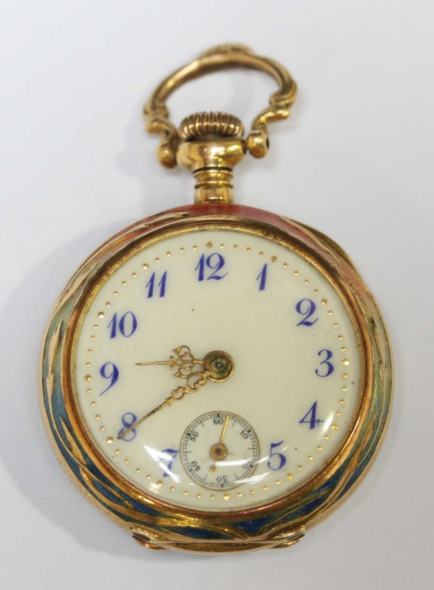 An 18ct gold fob watch with miniature portrait and decoration to the reverse.