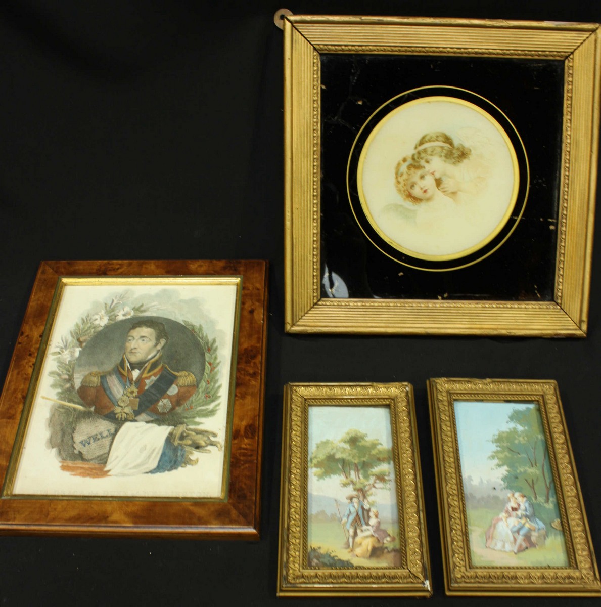 A Duke of Wellington print, together with a cherub print and two small gouache pictures of couples
