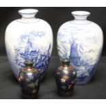 A pair of modern Delft blue and white vases, together with a small pair of Cloisonné vases. (4)