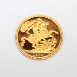 A 1980 22ct gold full Proof Sovereign, in presentation case.