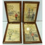 A set of four military prints of soldiers in burr walnut frames.
