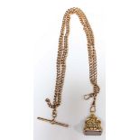 A 9ct gold double Albert chain, together with an embossed Cornelian seal. Chain 37.4 grams.