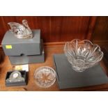 Six pieces of Waterford crystal including pair of swans, picture frame and small clock, (all boxed),