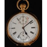 A rare early 20th century French 18ct gold 'Mensor' double sided pocket watch with chronograph and