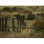 Lawson (possibly Thomas Lawson 20th C Scottish). Figures with cycles by a quayside, unsigned but