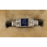 An Art Deco 18ct sapphire and diamond ring, set in 18ct white gold and platinum, 2.2 grams.