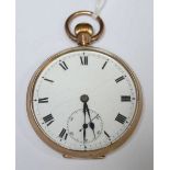 A 9ct gold open faced pocket watch, with white enamel dial and black Roman numerals, with subsidiary