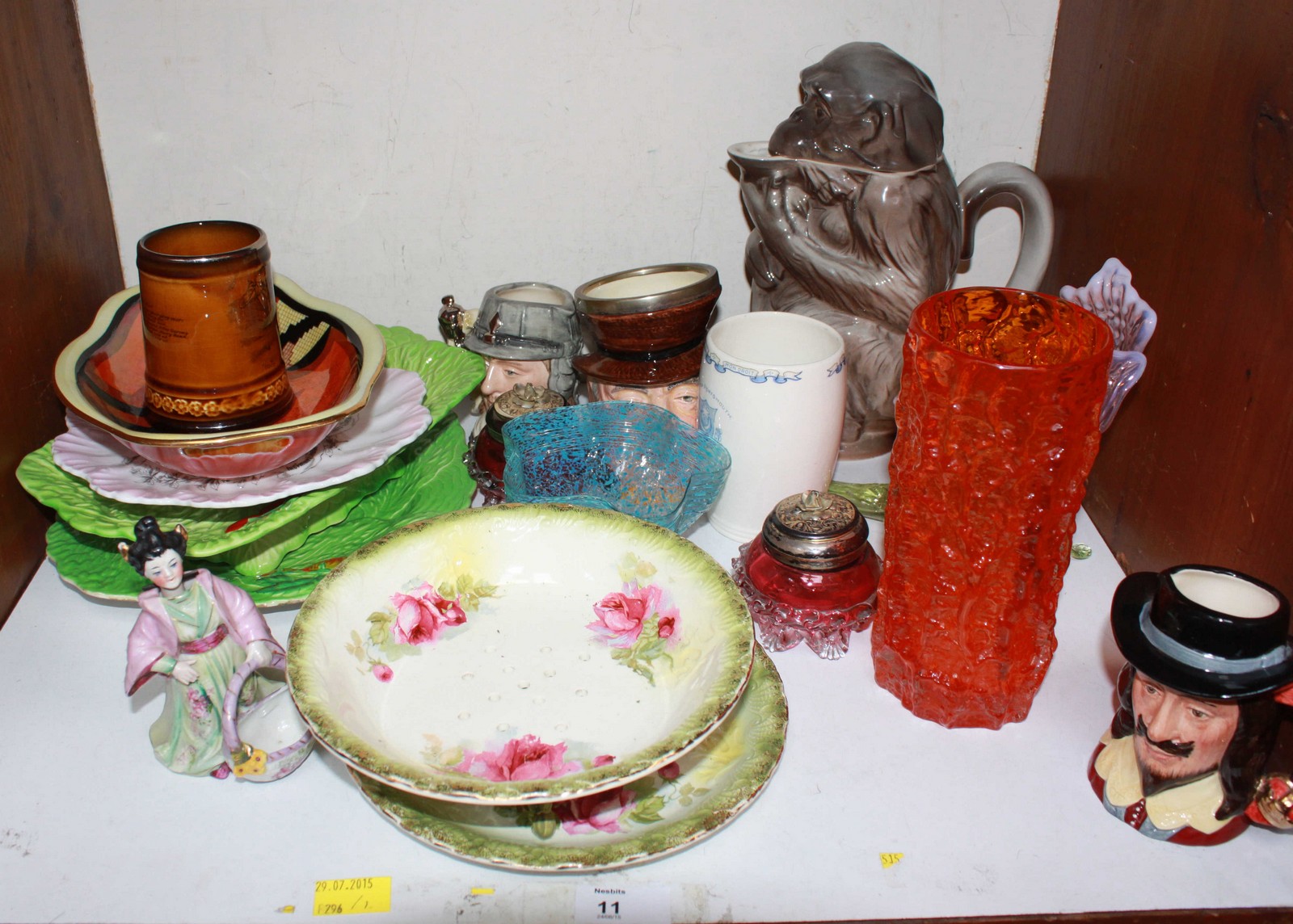 SECTION 11. A shelf of assorted ceramics and glassware including a Whitefriars tangerine glass