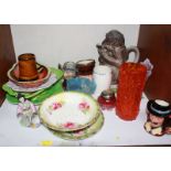 SECTION 11. A shelf of assorted ceramics and glassware including a Whitefriars tangerine glass