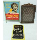 An 'Orange Maid' tin plate advertising sign, together with a mahogany note board cabinet and a