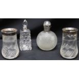 A Victorian hobnail cut glass and silver mounted atomizer, hallmarked London 1880, together with a