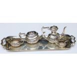 A miniature silver tea set on tray, hallmarked Birmingham 1951. Makers mark John Rose.