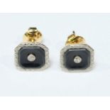 WITHDRAWN: A pair of 18ct gold stud earrings, with 9ct gold stems, each set with onyx and with a