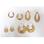 Four pairs of 9ct gold moulded earrings. 10.8 grams.