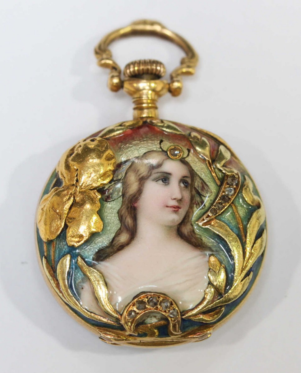 An 18ct gold fob watch with miniature portrait and decoration to the reverse. - Image 2 of 2