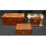 A Victorian walnut brass mounted domed top stationery box, together with a larger mahogany tea caddy