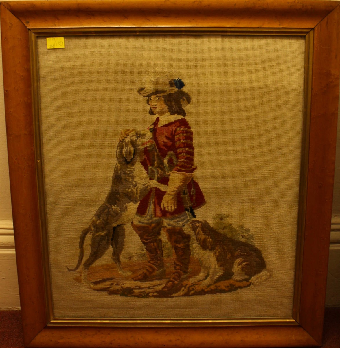 Two 19th century woolwork embroidered pictures of a huntsman, one with dogs, in birds eye maple - Image 2 of 2