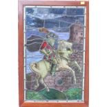 A large framed stained glass window depicting a rearing cavalier, in a mahogany frame. 93 x 63 cm.