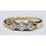 An 18ct gold three stone diamond ring with platinum top, total weight of diamonds 0.20 carts,