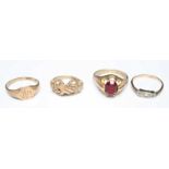 Four 9ct gold rings, one set with small diamonds, another formed as an entwined loop. Total 13.4