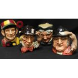 A group of four large Royal Doulton character jugs: Gone Away D6531; Mad Hatter D6598; Jockey D6625;