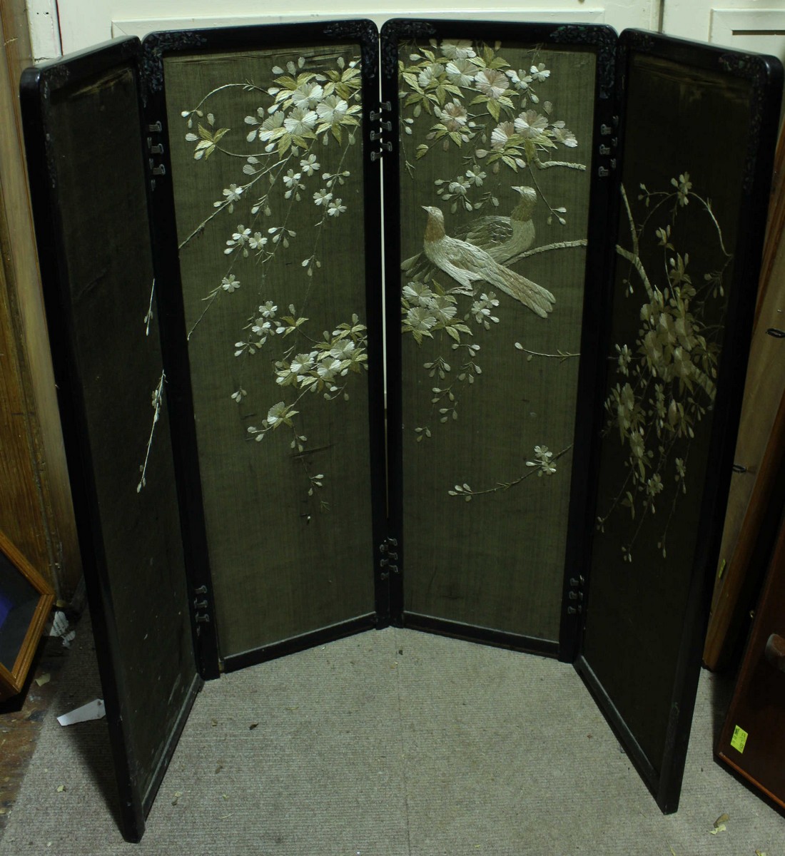 A small Japanese black lacquer and fabric four fold screen. - Image 2 of 2