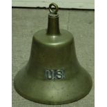 A US Navy ships brass bell, titled 'U.S.', lacking clanger.