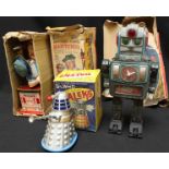 Toys. A Japanese tin plate 'Bartender' in box, together with a 'Moon Explorer' robot in box, and a