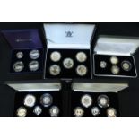 Three Piedfort silver proof coins sets in original boxes, together with a Golden Silhouette proof