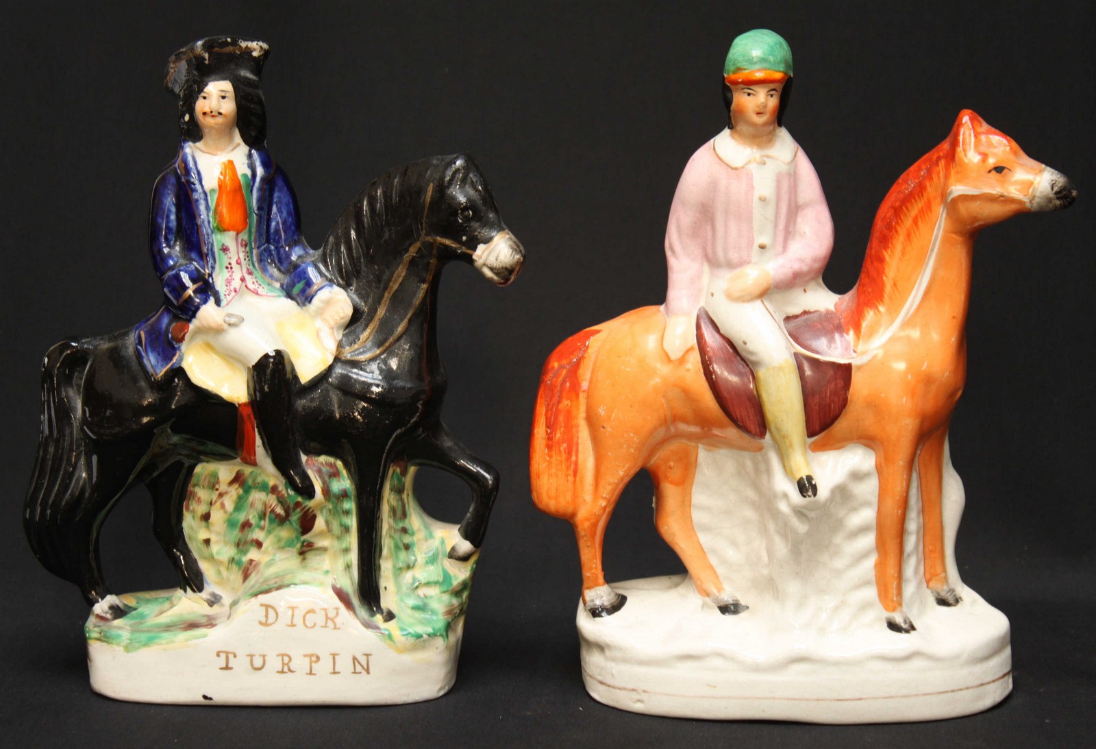 Two Staffordshire pottery 'flatback' figures, 'Dick Turpin' and a rider on horseback.