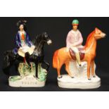 Two Staffordshire pottery 'flatback' figures, 'Dick Turpin' and a rider on horseback.