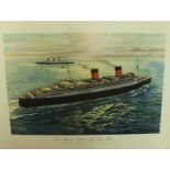 A large Cunard Line Queen Elizabeth and Queen Mary promotional colour print. Image 58 x 88 cm.
