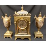 A 19th century French brass mantel clock garniture, with a Achille & Brocot eight-day movement