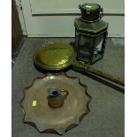 A brass oil lantern together with a copper tray, small haystack measure and brass bed warming pan