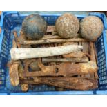 A collection of three cannon balls and assorted lead and iron nails, all recovered from the River