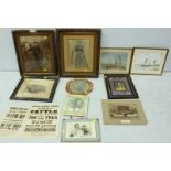 A collection of assorted prints including a pair of framed photographs, two watercolours, a mirror