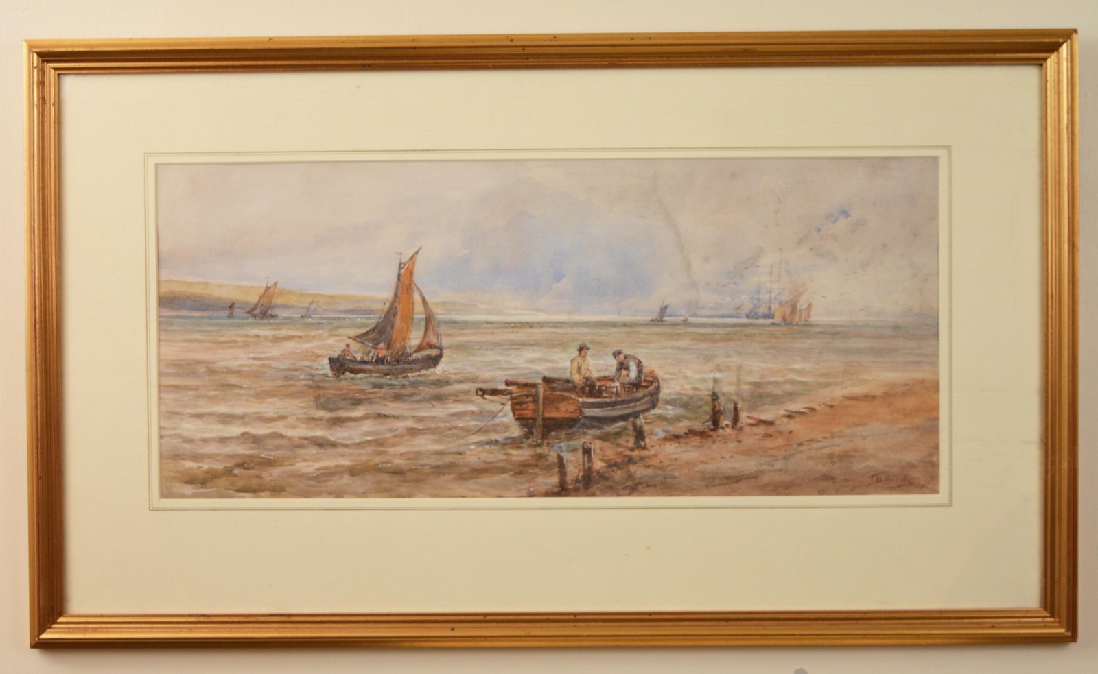 Fishing boats in an estuary, watercolour, bears signature 'T.B. Hardy', dated (18)79, 23 x 54 cm (
