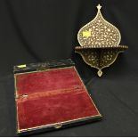 A 19th century ladies gilt-tooled black leather small folding writing slope, together with a bone-