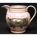 A large Victorian Sunderland lustre jug, decorated with the ship titled 'Northumberland 74', and
