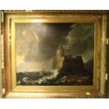 19th century Continental School, ships fighting a storm in heavy seas, and crashing against a