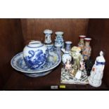 SECTION 46. A shelf of assorted Oriental china and other items including a pair of Minton tiles, and