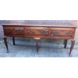 18th century oak dresser, with moulded top above three frieze drawers with mahogany cross banding,