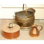 A brass coal scuttle, together with a small copper jug and a copper oil lamp base. (3)