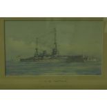 Style of Tufnell, HMS Neptune, watercolour, 14cm x 24cm, together with hand-coloured photo-