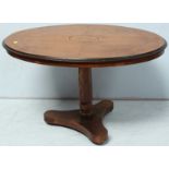 A Victorian walnut oval loo table, with central inlaid panel, supported on an octagonal column