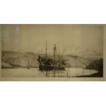 Harold Wyllie (1880-1975) British, possibly 'Brittania on the river Dart' monochrome etching, signed