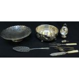 A quantity of silver plated items including dishes, cutlery and a sugar bowl.