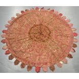 Unusual and attractive Indian pink silk and metal thread embroidered large parasol cover with lappet