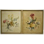 Pair of silk embroideries of ribbon tied flowers, the first on a cream satin ground worked in long