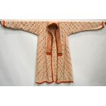 Central Asian(?) quilted cream cotton smock, the front ‘V’ shaped opening, cuffs and vents edged